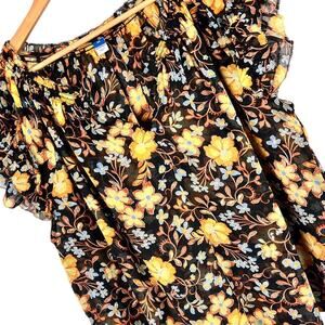 OLD NAVY Women's 2X Black Floral V-Neck Boho Flutter Ruffle Sleeve Sheer‎ Blouse